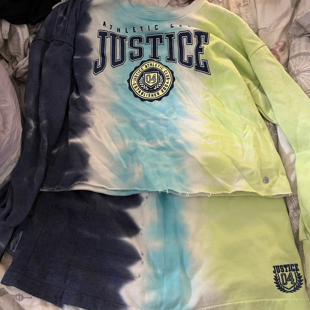 JUSTICE blue and green tye dye sweater too and skirt SET kids XL 16P-18P